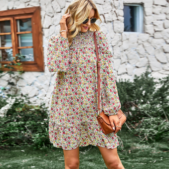 Fashion Loose Floral Neck Waist Crew Neck Fungus Casual Dresses