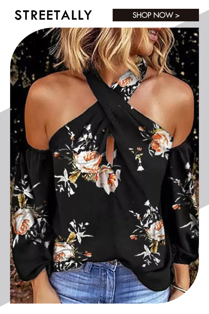 Elegant Printed Long Sleeve Halter Sexy Open Back Loose Blouses & Shirts