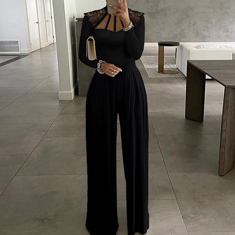Fashion Solid Color Long-sleeved Stitching Casual Wide-leg Jumpsuits