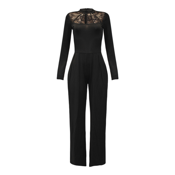 Fashion Solid Color Long-sleeved Stitching Casual Wide-leg Jumpsuits