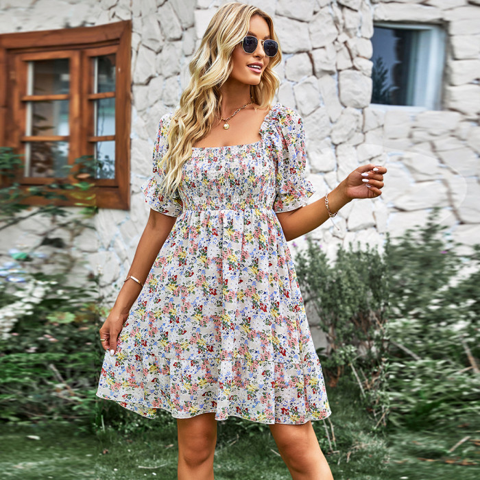 Resort Short Sleeve Floral French Neck High Waist Casual Dresses