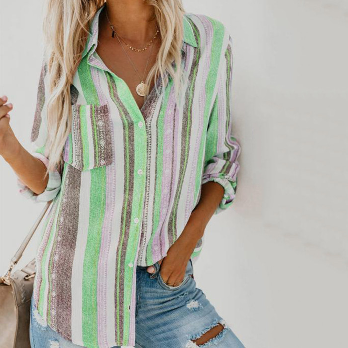 Striped Lapel Long Sleeve Cardigan Single Breasted Casual Blouses & Shirts