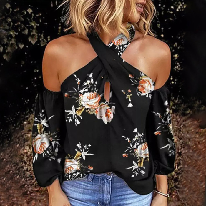 Elegant Printed Long Sleeve Halter Sexy Open Back Loose Blouses & Shirts