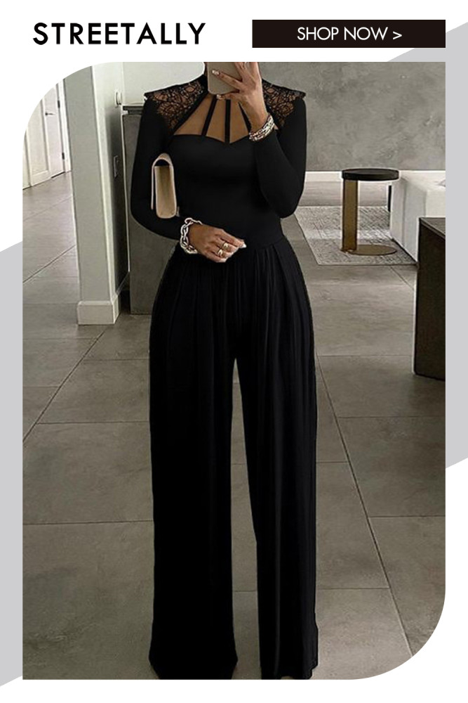 Fashion Solid Color Long-sleeved Stitching Casual Wide-leg Jumpsuits