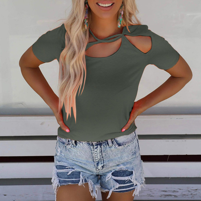 Fashion Solid Color Round Neck Tie Short Sleeve Casual T-Shirts
