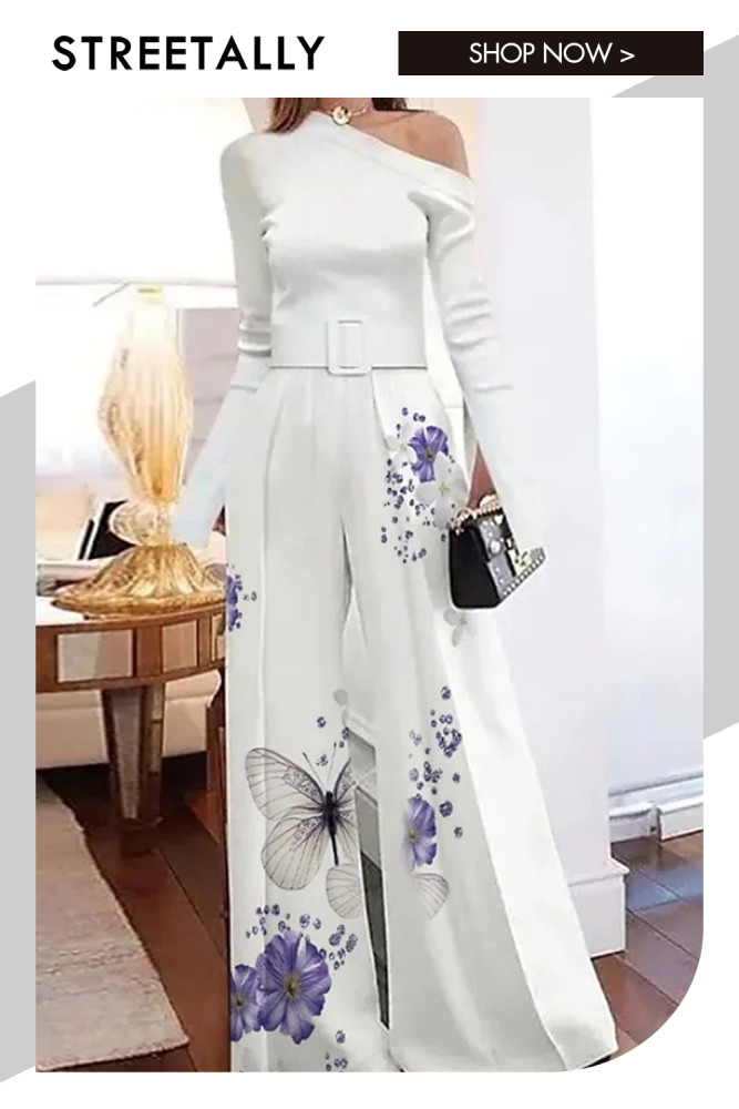 Fashion Print Diagonal Neck Long Sleeve Off Shoulder Casual Wide Leg Jumpsuits