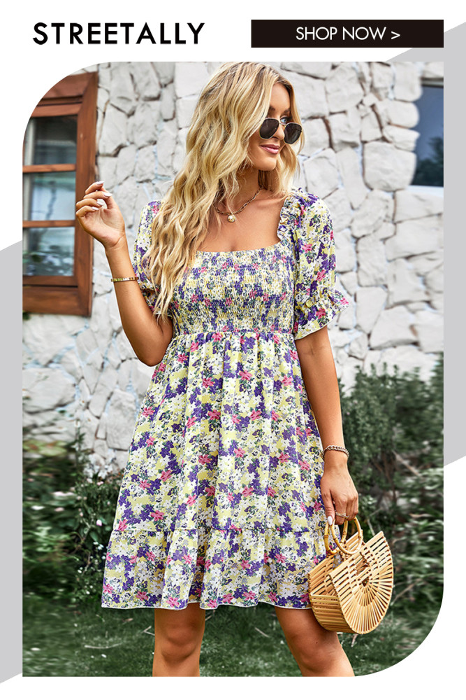 Resort Short Sleeve Floral French Neck High Waist Casual Dresses
