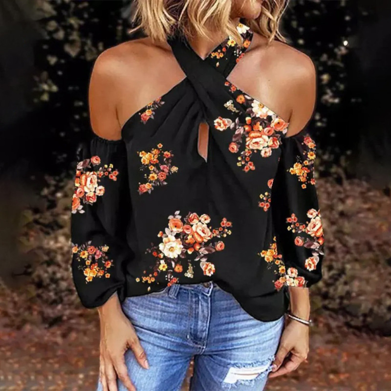 Elegant Printed Long Sleeve Halter Sexy Open Back Loose Blouses & Shirts
