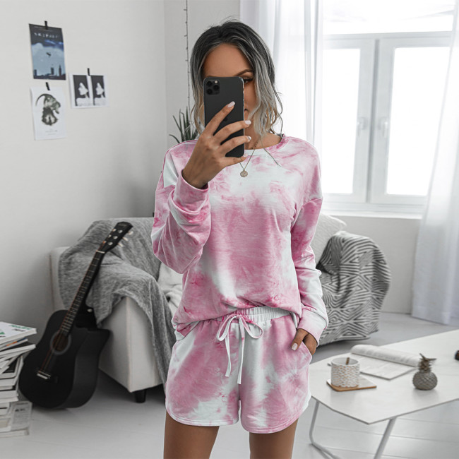Tie Dye Crew Neck Long Sleeve Shorts Two-piece Outfits