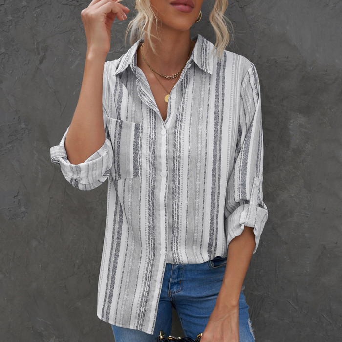 Striped Lapel Long Sleeve Cardigan Single Breasted Casual Blouses & Shirts