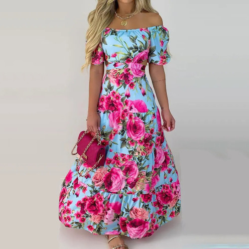 Printed Sexy One-Line Neck Short Sleeves Paneled Swing Maxi Dresses