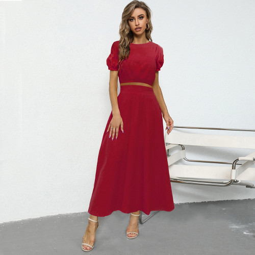 Square Neck Solid Short Sleeve Top Solid Midi Skirt Two-piece Outfits