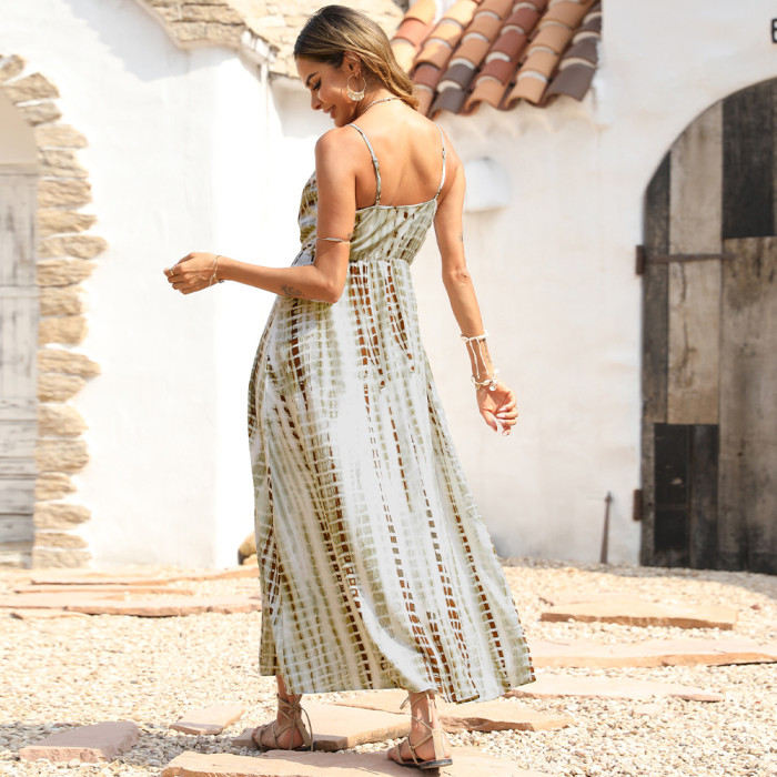 Elegant Resort V-Neck Print High Waist Sling Maxi Dresses