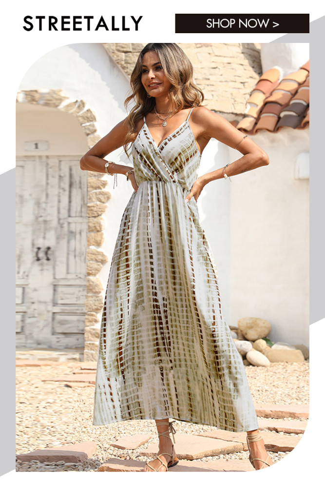 Elegant Resort V-Neck Print High Waist Sling Maxi Dresses