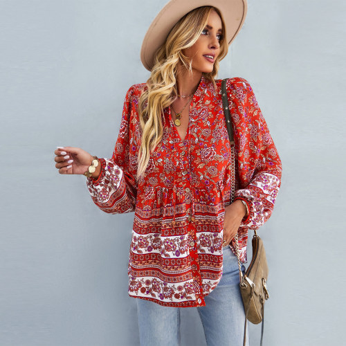 Bohemian Long Sleeve V-Neck Loose Button Blouses & Shirts