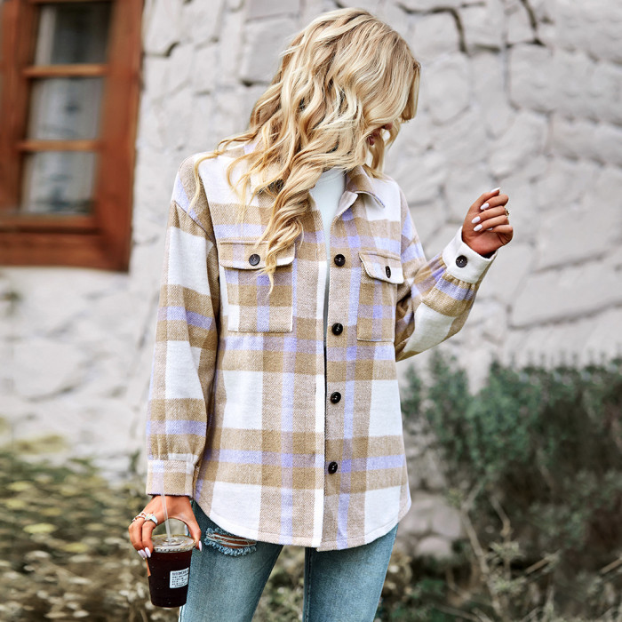 Check Lapel Loose Long Sleeves Fashion Blouses & Shirts