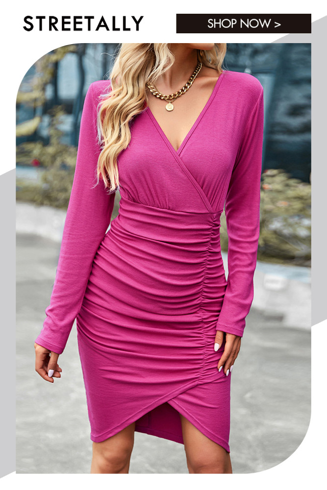 Fashion Knitted Pleated V-Neck High Waist Sexy Versatile Bodycon Dresses