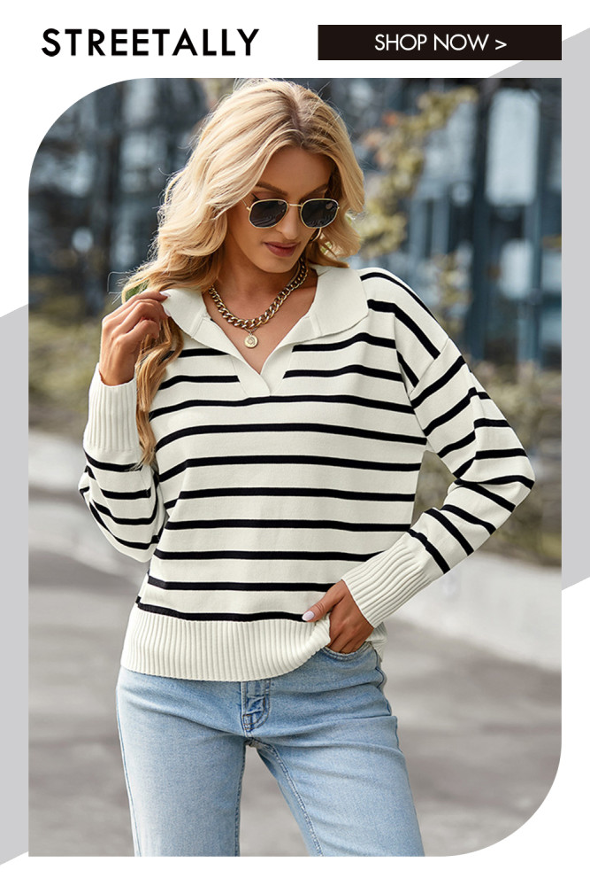 Striped Soft Comfort Threaded V-Neck Loose Sweaters & Cardigans
