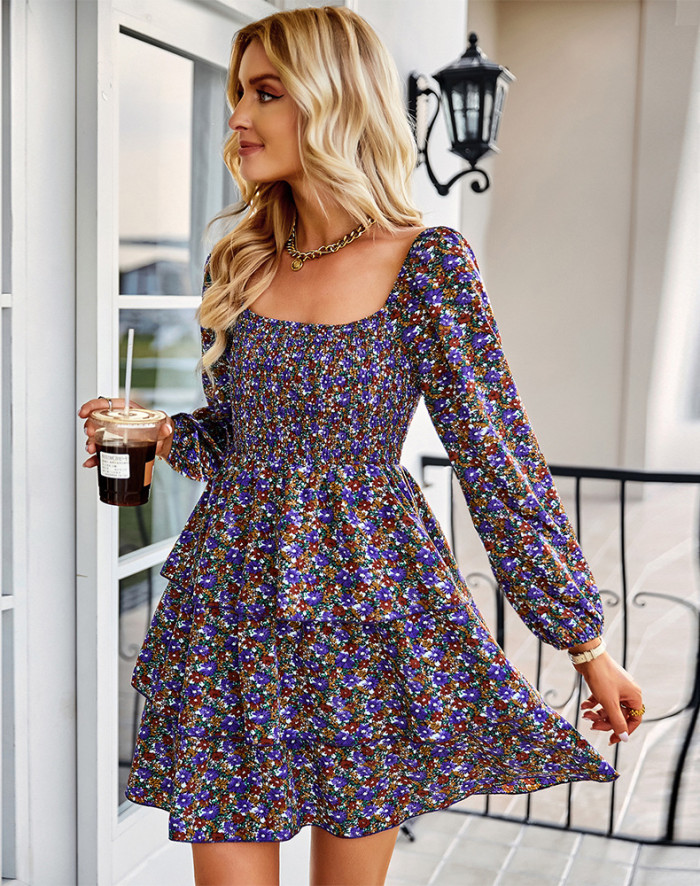 Square Neck Long Sleeve Cake Dress Elegant French Floral Casual Dresses