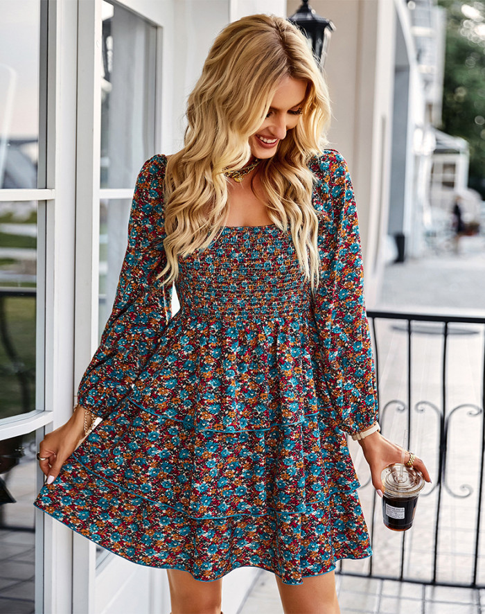 Square Neck Long Sleeve Cake Dress Elegant French Floral Casual Dresses