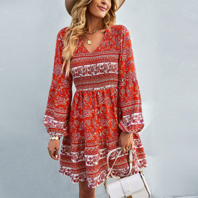 Boho Chic V-Neck Mid Waist Long Sleeve Print Casual Dresses