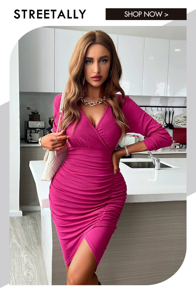 Solid Waist V-Neck Pleated Long Sleeves Bodycon Dresses
