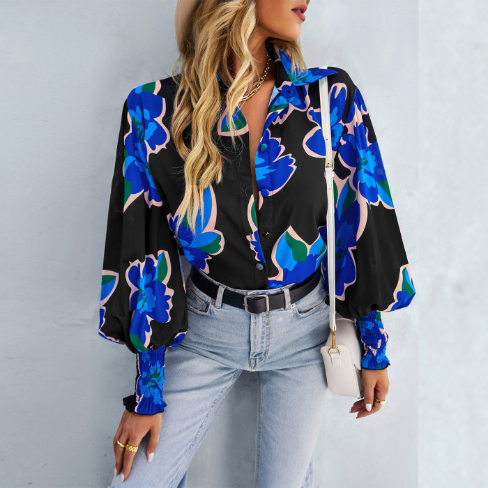 Fashion Commuter Long Sleeve Print Lapel Versatile Blouses & Shirts