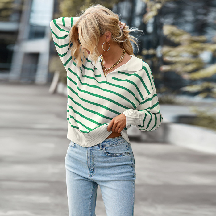 Striped Soft Comfort Threaded V-Neck Loose Sweaters & Cardigans