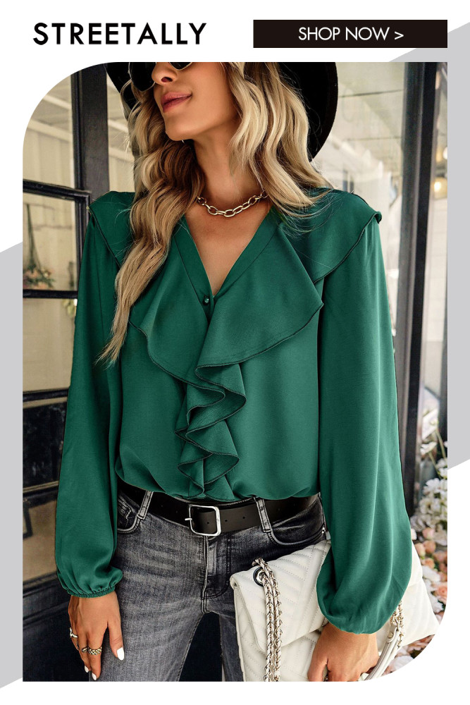 Temperament Long-sleeved Solid Color V-neck Fungus Edge Blouses & Shirts