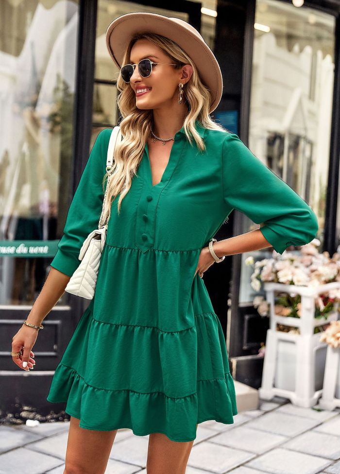 Elegant Long Sleeve V-Neck Solid Color Vacation A-Line Mini Dresses