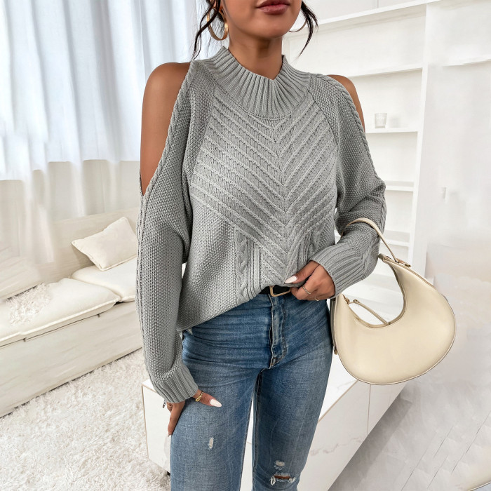 Loose Solid Off-The-Shoulder Linen Crew Neck Sweaters & Cardigans