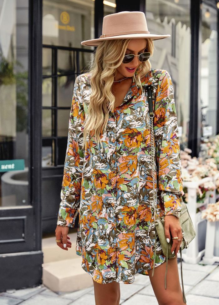 Commuter Print V-Neck Long Sleeve Mid-Rise Casual Dresses