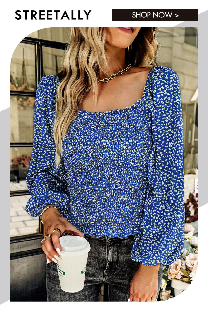 Waist French Square Neck Floral Slim Fit Blouses & Shirts