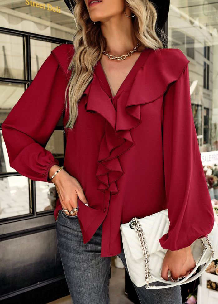 Temperament Long-sleeved Solid Color V-neck Fungus Edge Blouses & Shirts