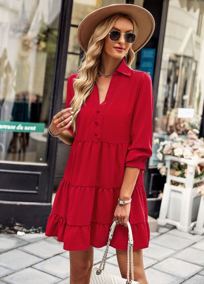 Elegant Long Sleeve V-Neck Solid Color Vacation A-Line Mini Dresses