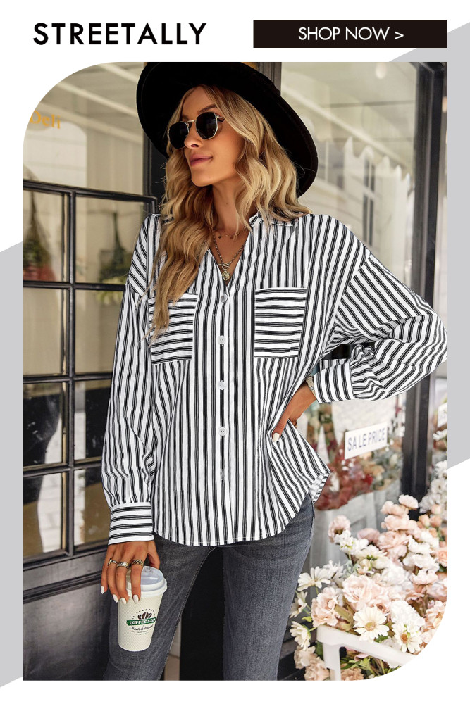 Striped Lapel Single Breasted Loose Commuter Blouses & Shirts