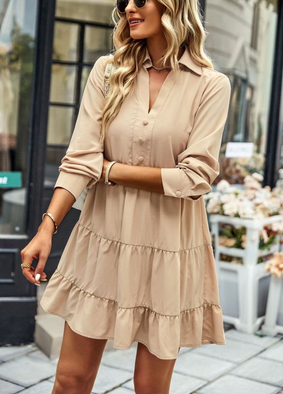 Elegant Long Sleeve V-Neck Solid Color Vacation A-Line Mini Dresses