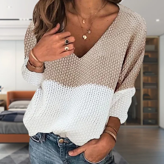 Striped Colorblock Cutout V Neck Loose Casual Sweaters & Cardigans