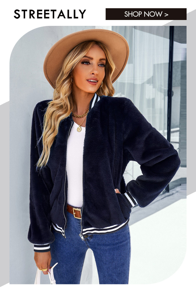 Casual Warm Plush Solid Zip Stand Collar Jackets