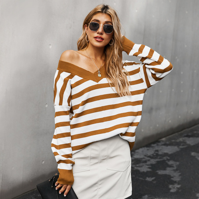 V-neck Striped Temperament Warm Contrast Color Loose Casual  Sweaters & Cardigans