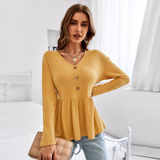 V-Neck Simple Loose Solid Color Button Blouses & Shirts