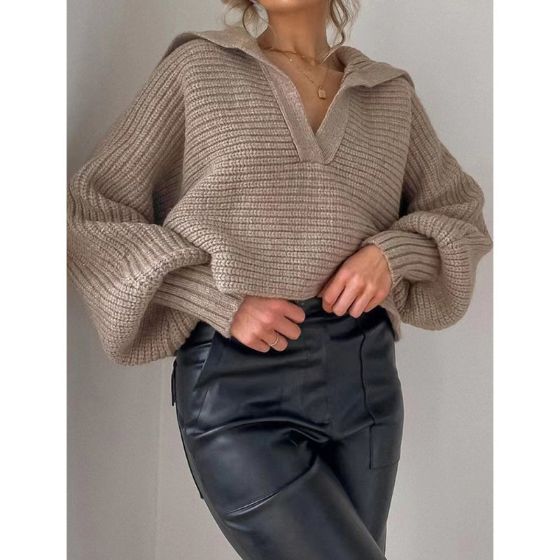 Casual V-Neck Solid Balloon Sleeves Loose Sweaters & Cardigans