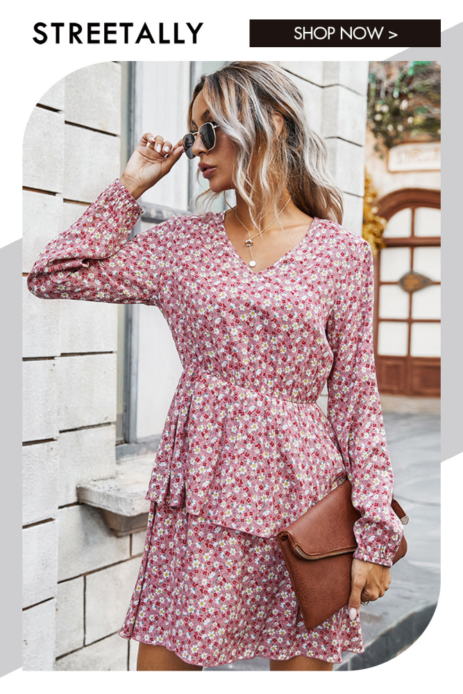 Floral Crew Neck Sweet V-Neck Neck Waist Long Sleeves Casual Dresses
