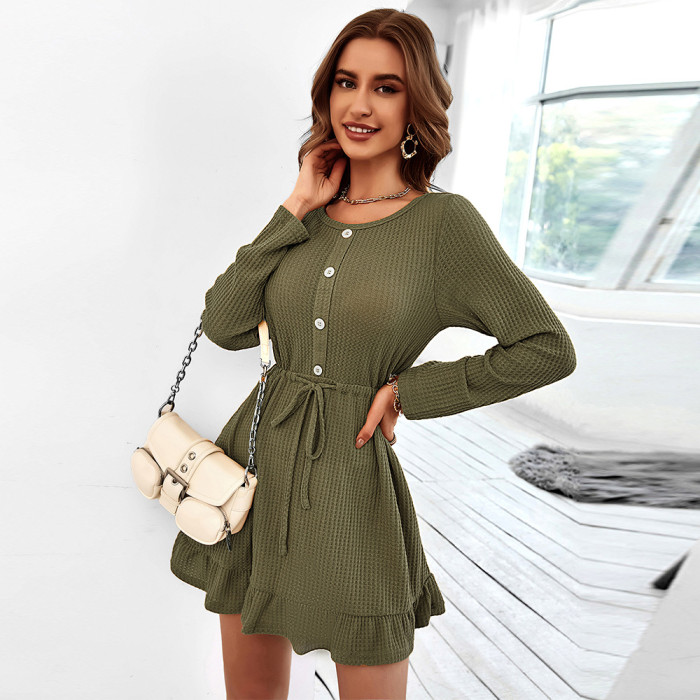 Knit A-Line Elegant Crew Neck Tie Ruffle Mini Dresses