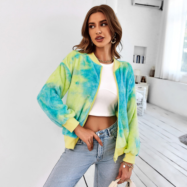 Contrast Tie Dye Long Sleeve Plush Stand Collar Loose Jackets