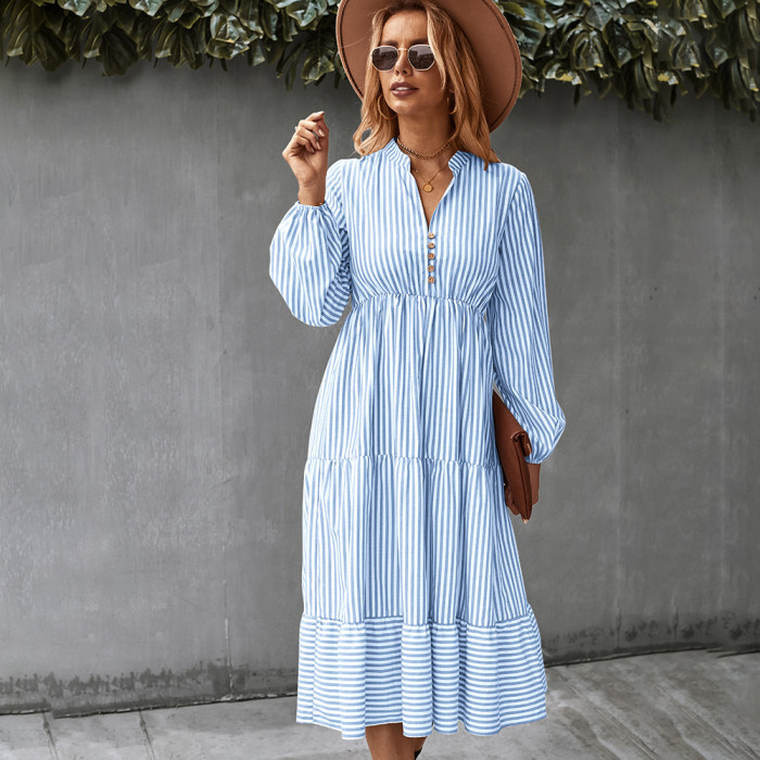 Elegant And Elegant Striped V-neck High-waisted Swing Midi Dresses