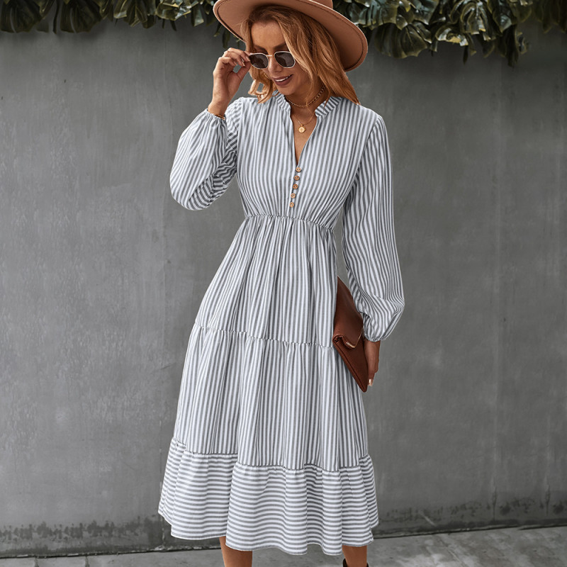 Elegant And Elegant Striped V-neck High-waisted Swing Midi Dresses