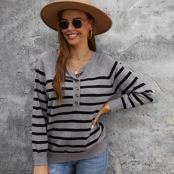 Striped Button Crew Neck Casual Long Sleeves Sweaters & Cardigans
