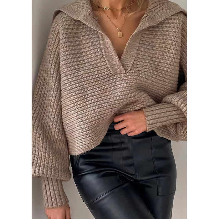 Casual V-Neck Solid Balloon Sleeves Loose Sweaters & Cardigans