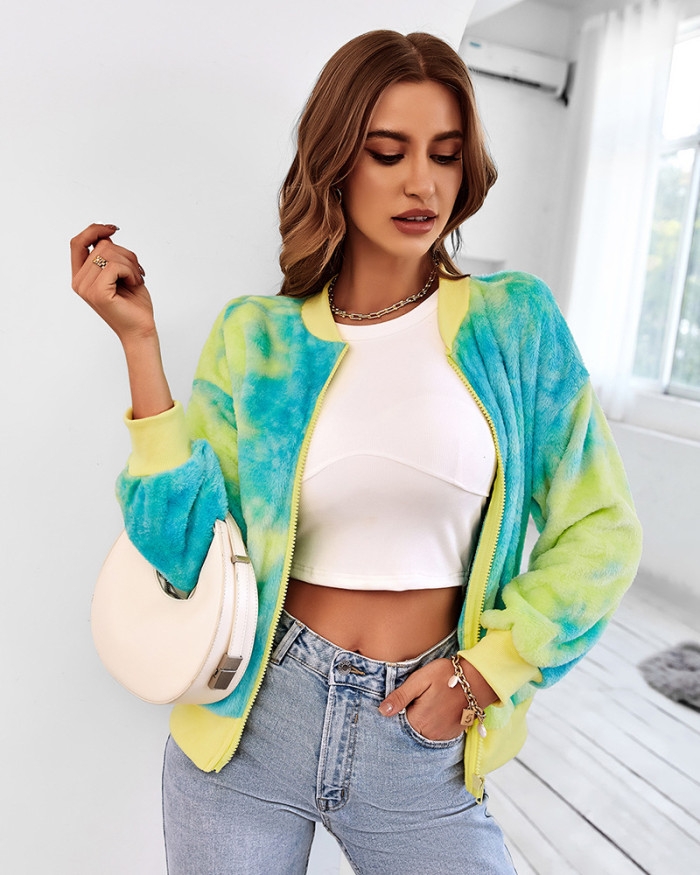 Contrast Tie Dye Long Sleeve Plush Stand Collar Loose Jackets
